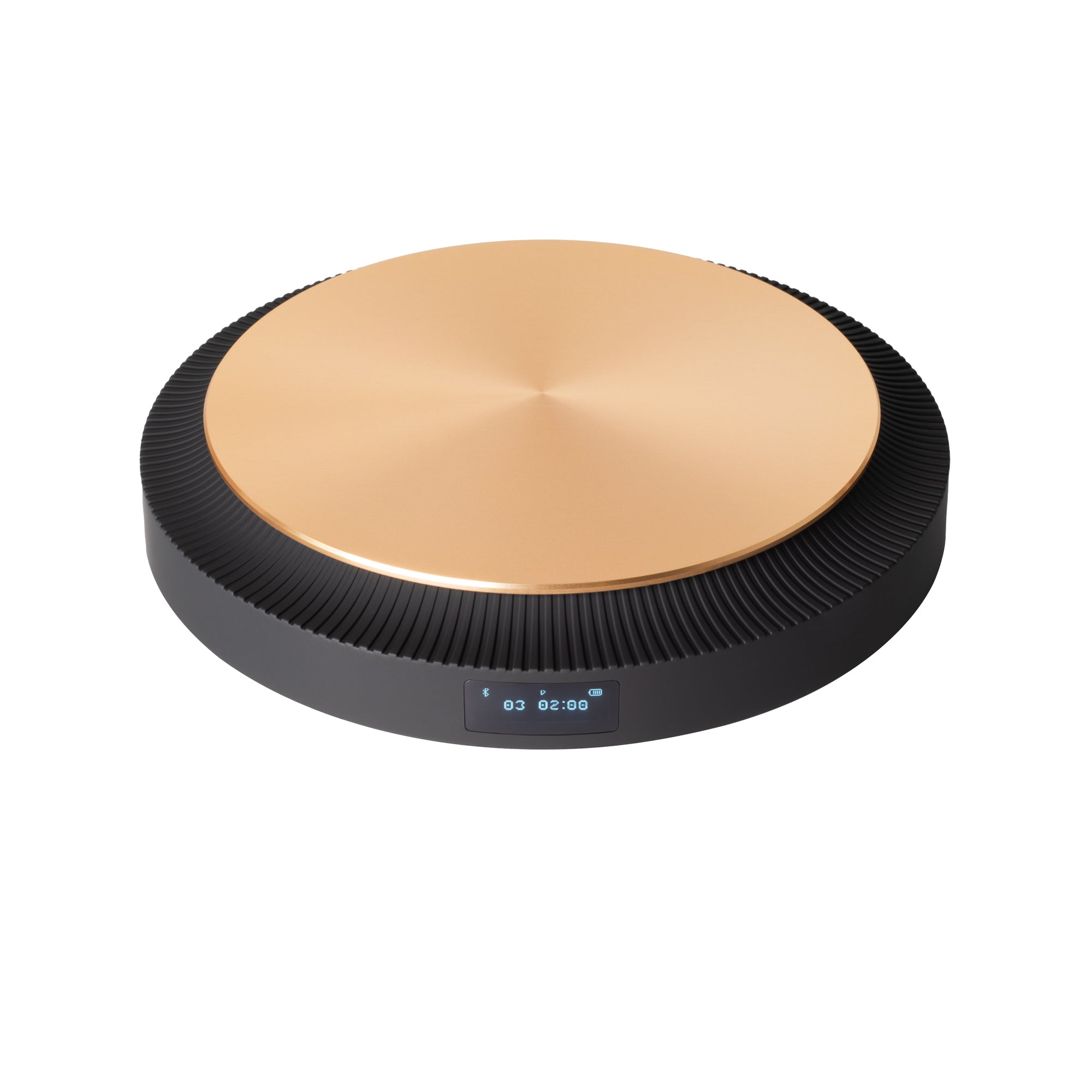 Trettitre Bluetooth CD player in black and gold finish, featuring a minimalist design and refined, lossless sound quality.